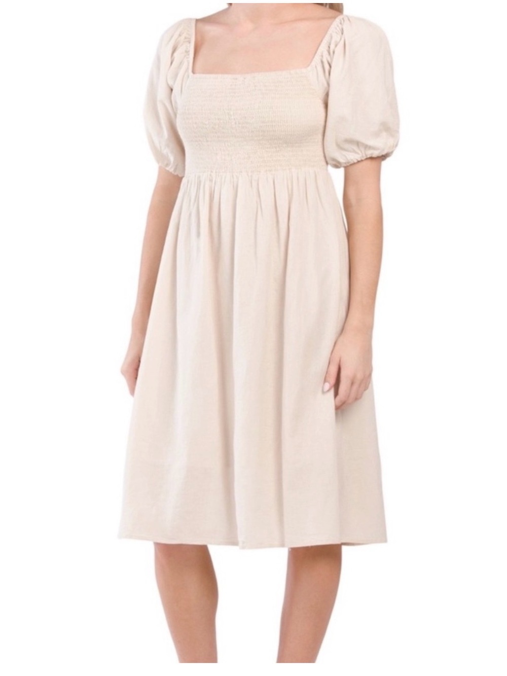 7 for All Man Kind Smocked Cream Puff Sleeve Midi Dress